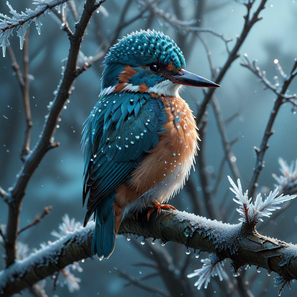 Kingfisher on Frosty Branch in Eerie Surrealism Style