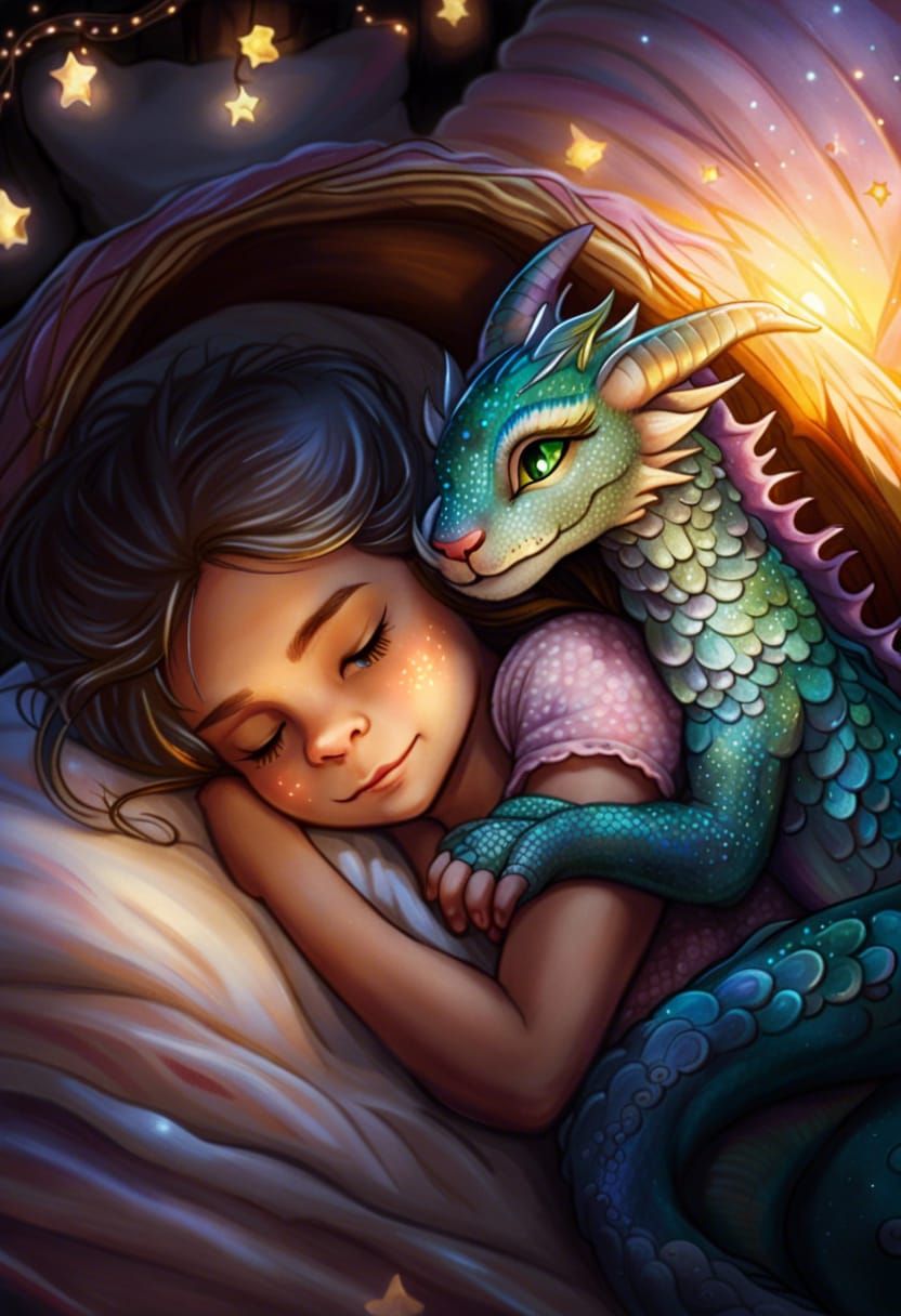 Sleeping Dragon Cradling Kitten in Fantasy Art