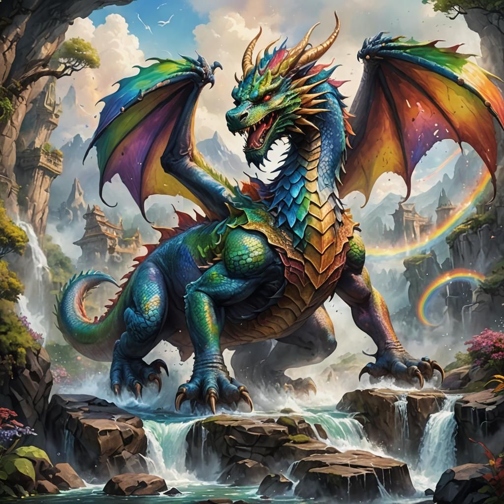 Rainbow Dragon in Detailed Matte Painting Style