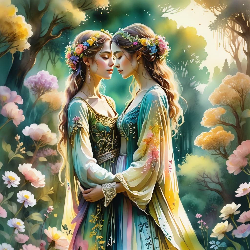 Ethereal Woman in Garden: Digital Watercolor Illustration