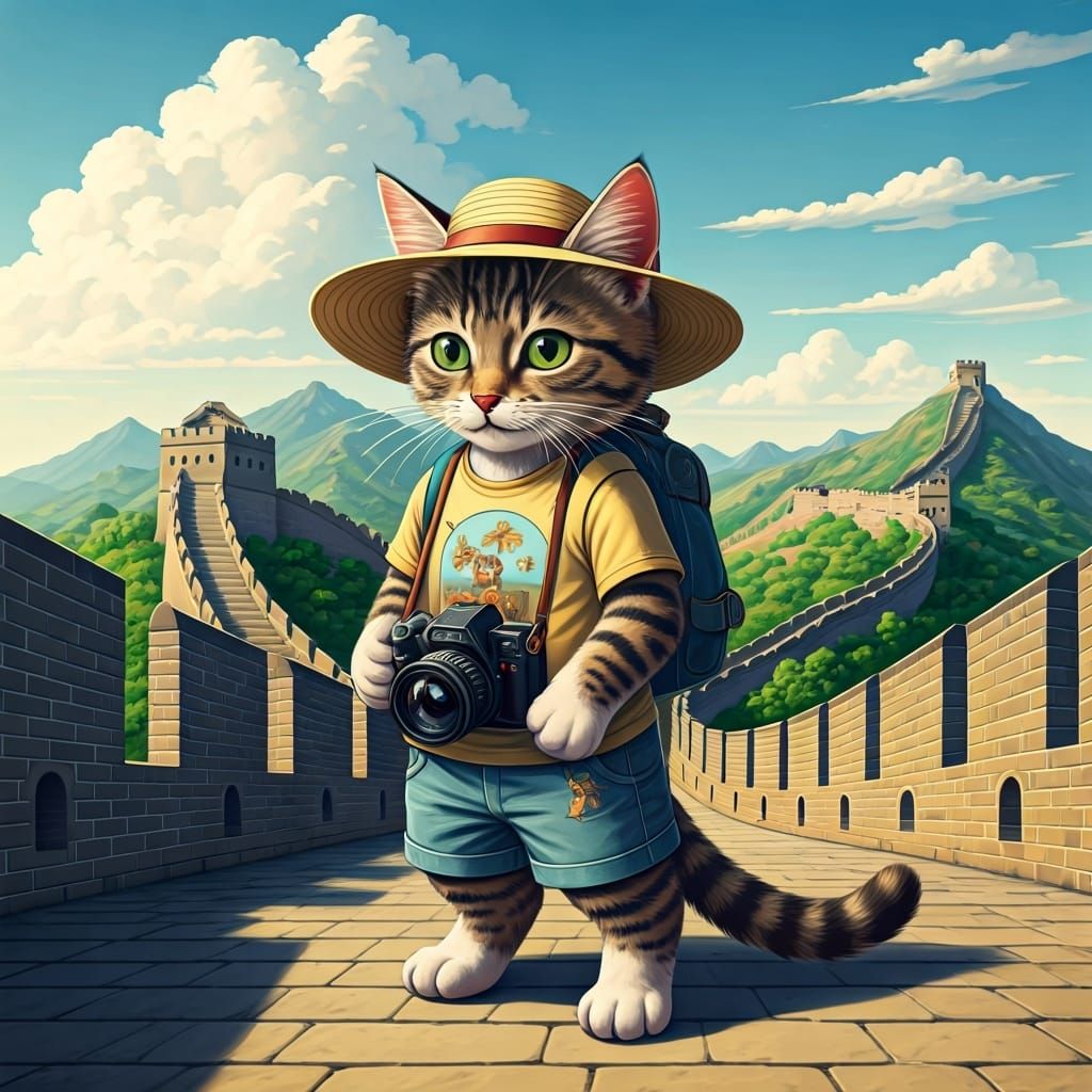 Tabby Kitten Tourist at the Great Wall: Comic Book Art