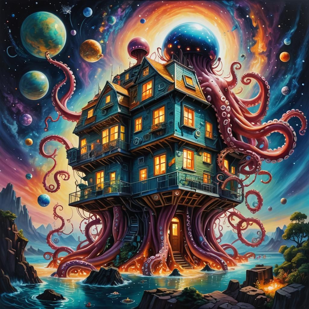 Octopus House in Space: A Futuristic Oil Painting