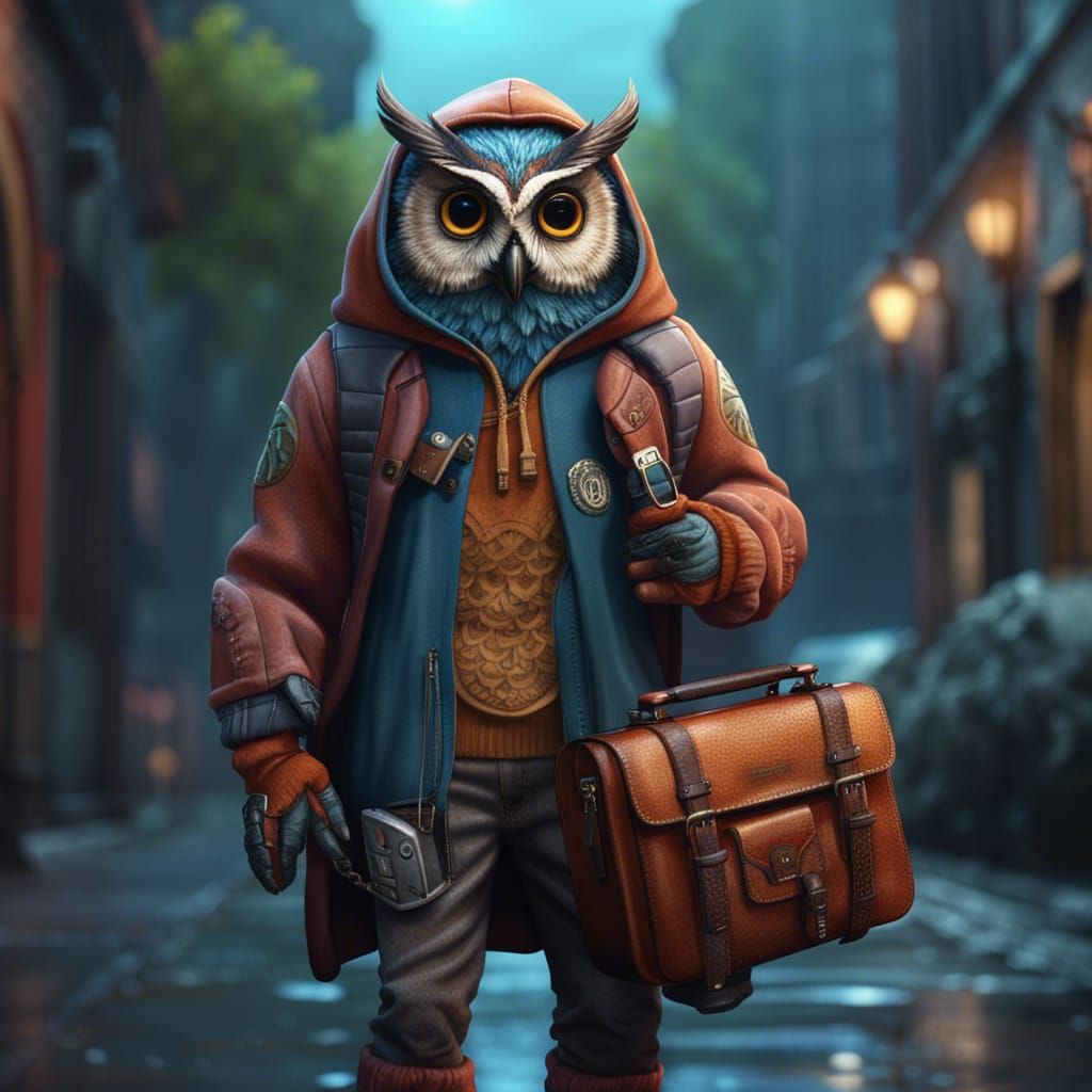Owl Businessman in Hoodie: Detailed Fantasy Art