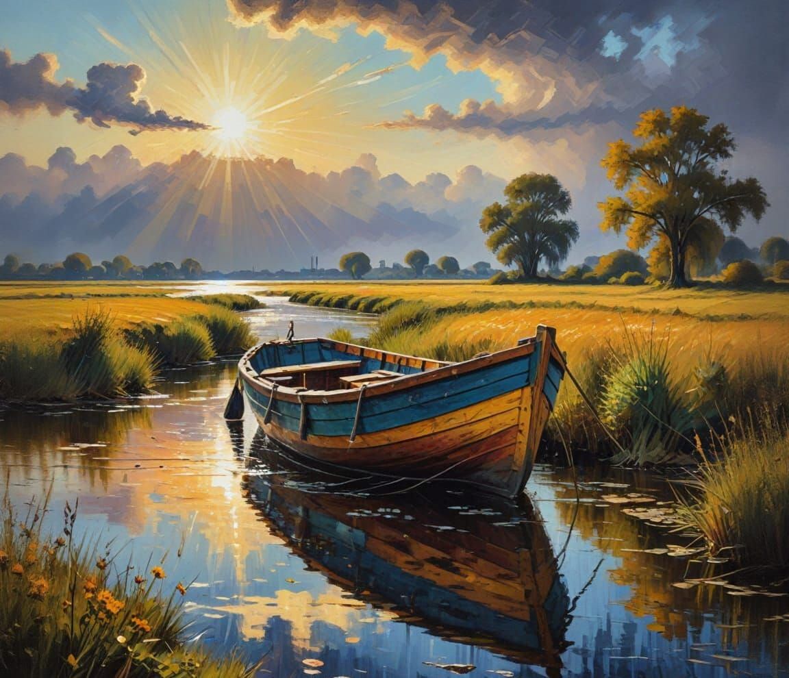 Expressionistic Sunset Boat at Shoreline