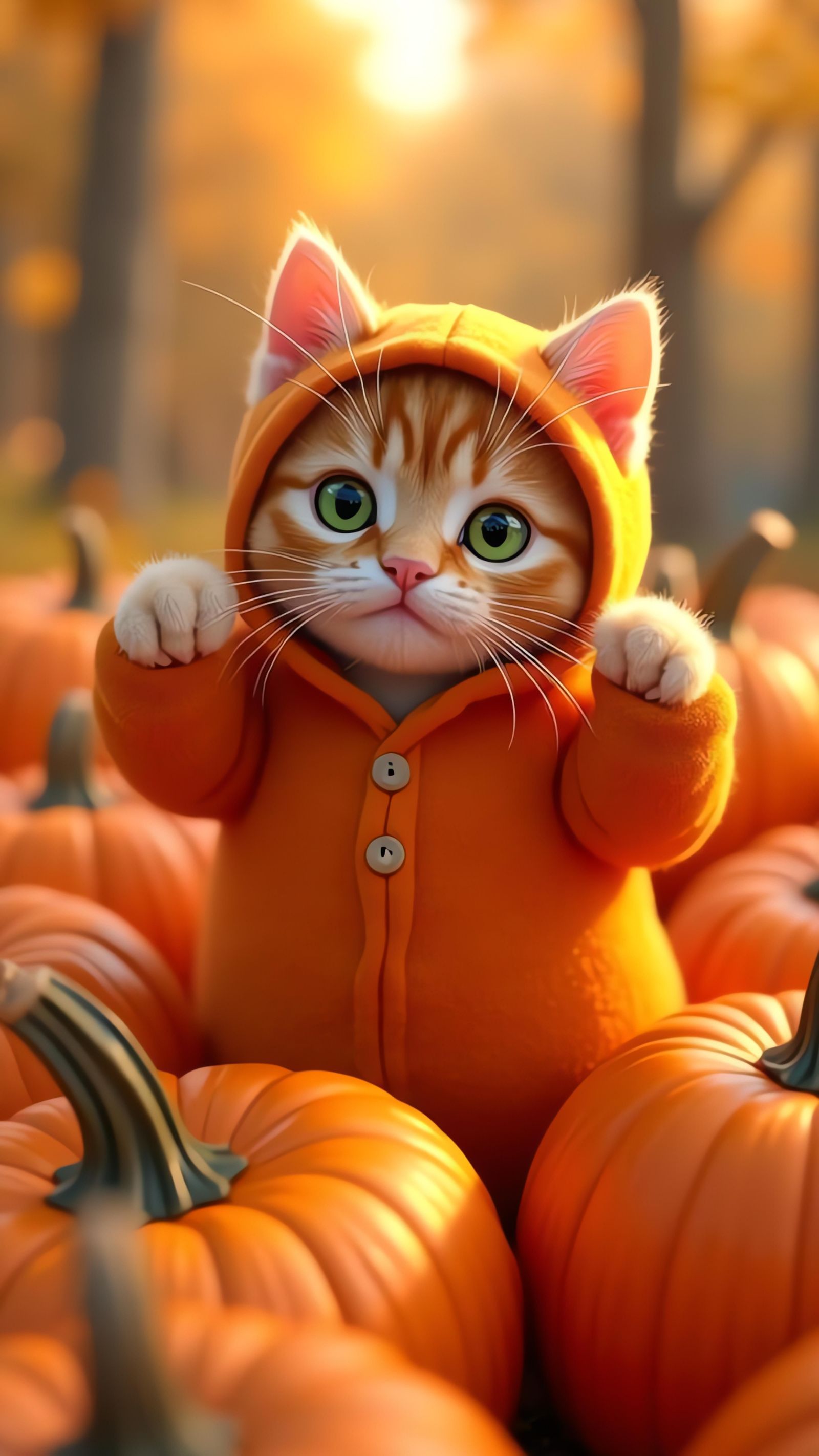 Kitten's Pumpkin Costume Struggle: 3D Anime Art