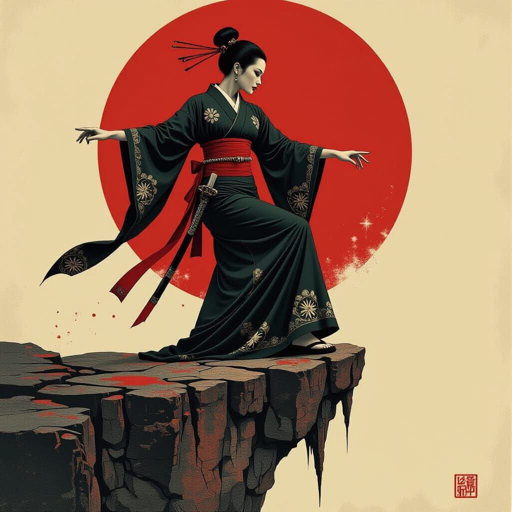 Woman Balances on Razor's Edge in Surreal Style