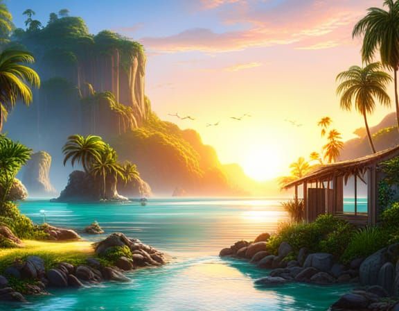 Tropical Lagoon Paradise Beach at Sunrise: Matte Painting