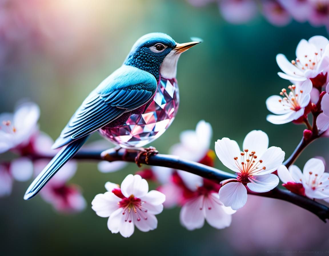 Diamond Crystal Bird on Cherry Blossoms