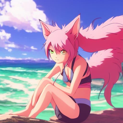 Anime Catgirl with Wolf Ears on Beach - Ghibli Style