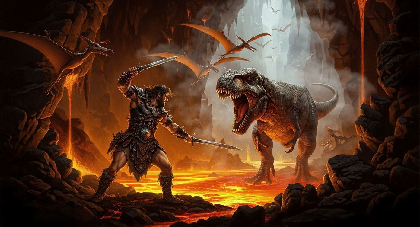 Barbarian Battles T-Rex in Baroque Cavern