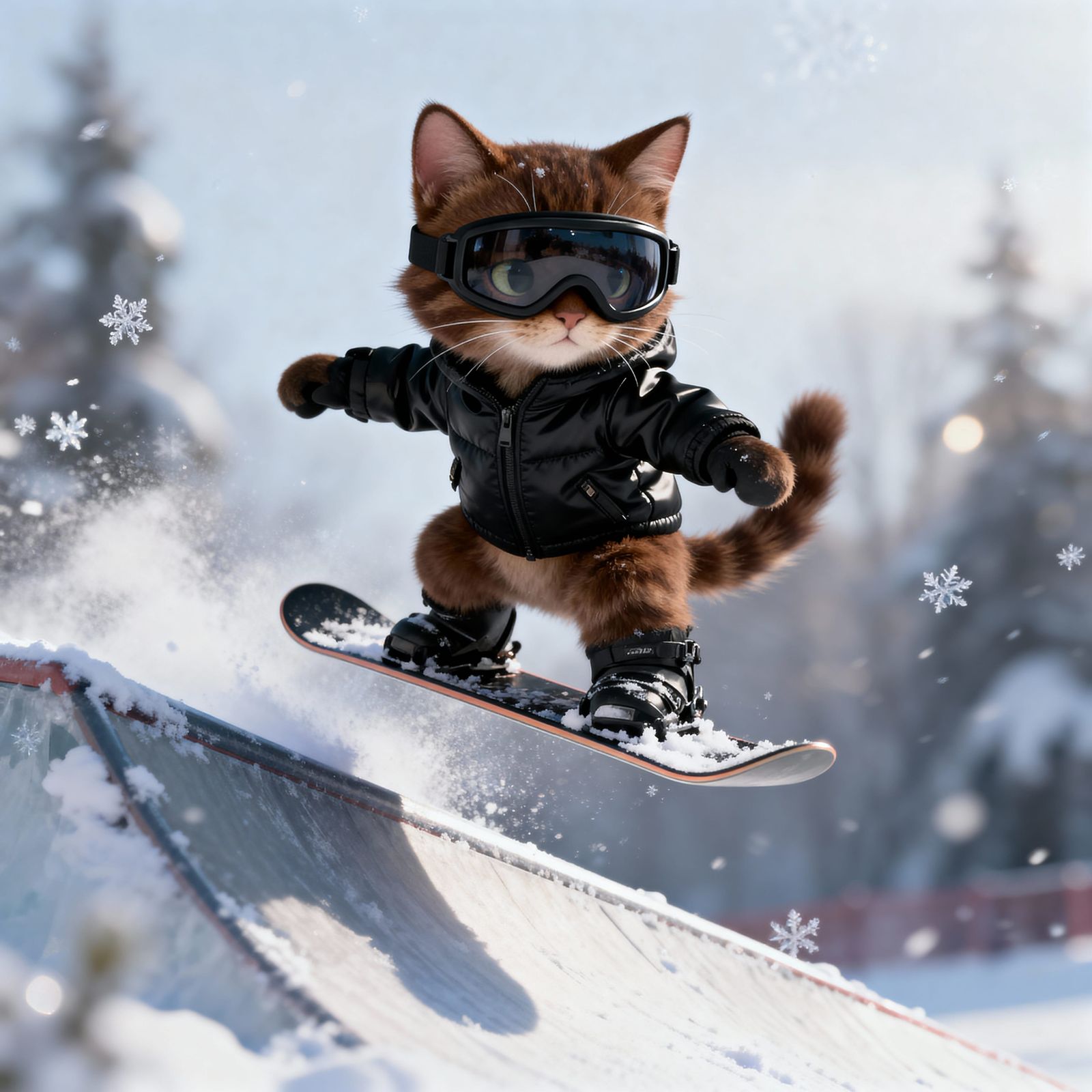Adorable Kitten Snowboarding in Hyper-Realistic 3D