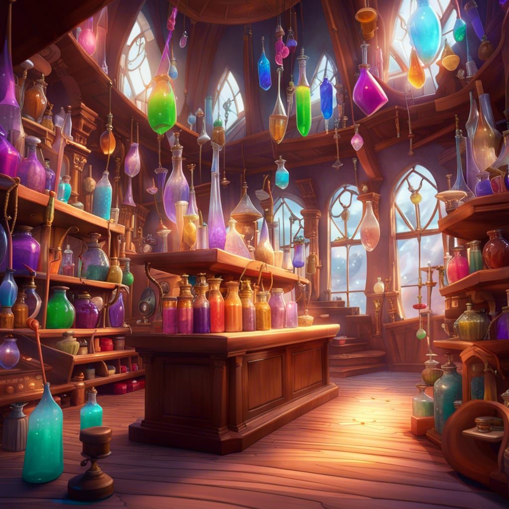 Magic Shop with Potions and Flying Spellbooks
