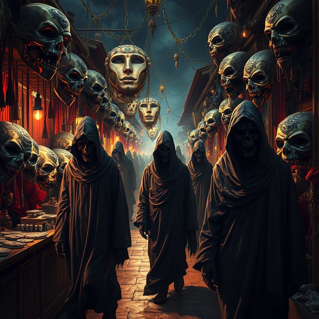 Surreal Bazaar of Masks in Dark Mystical Style