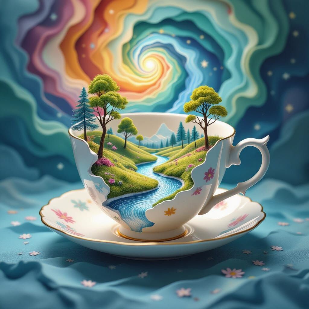 Giant Floating Teacup with Miniature Paper Landscape