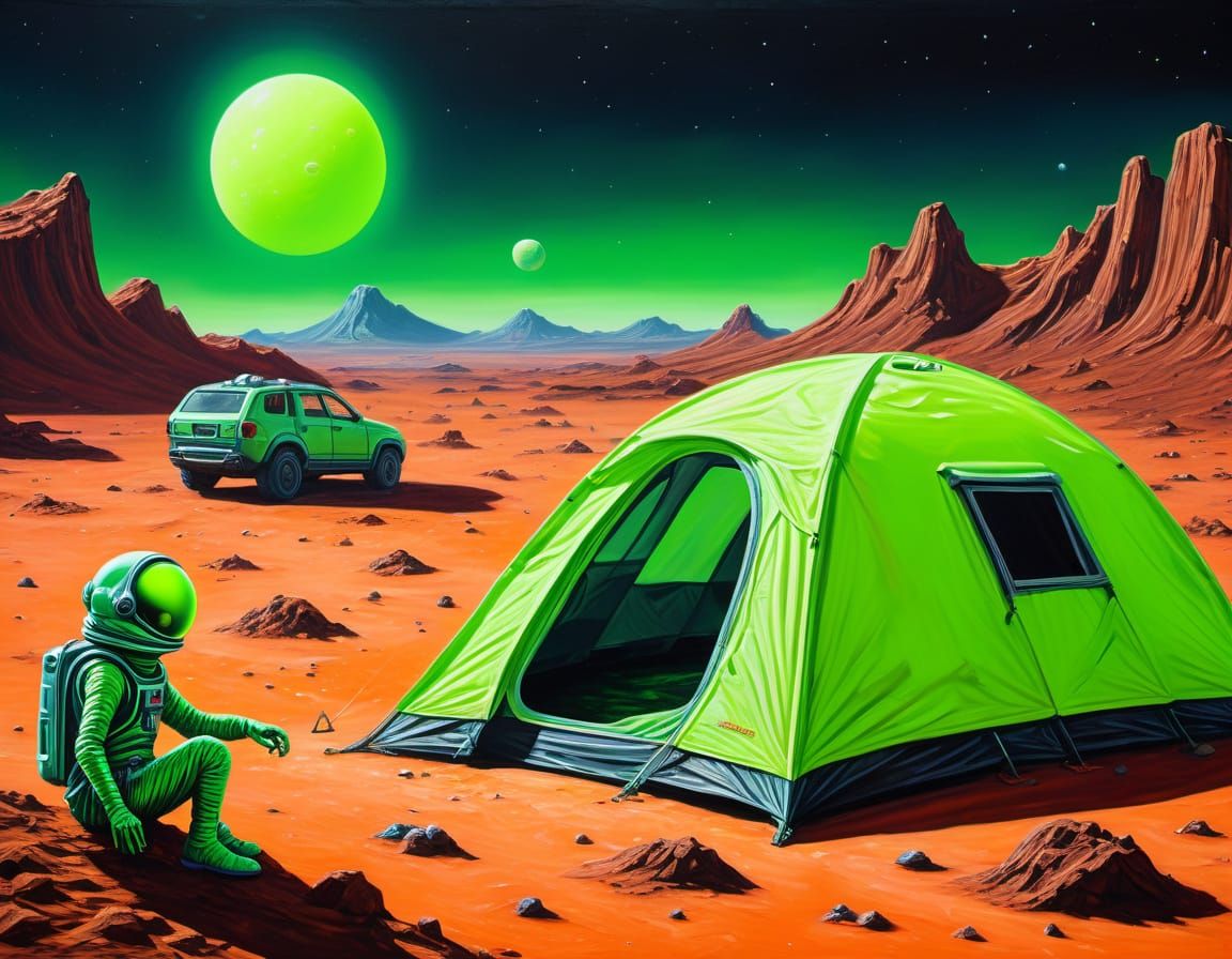 Alien Camping on Mars in Hyperrealistic Impasto Style