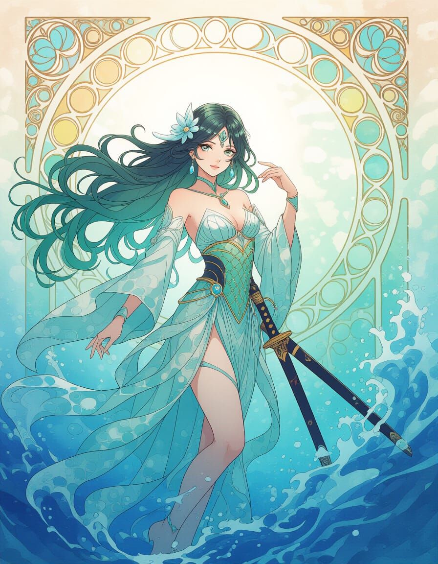 Anime Woman Rises From Ocean Depths in Art Nouveau Style