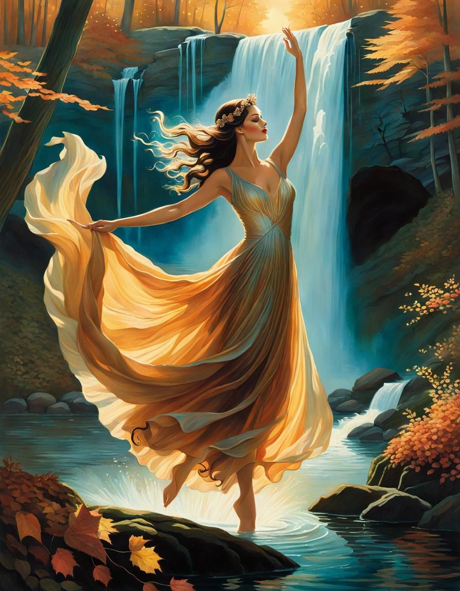 Woman Dancing on Water in Autumn Forest