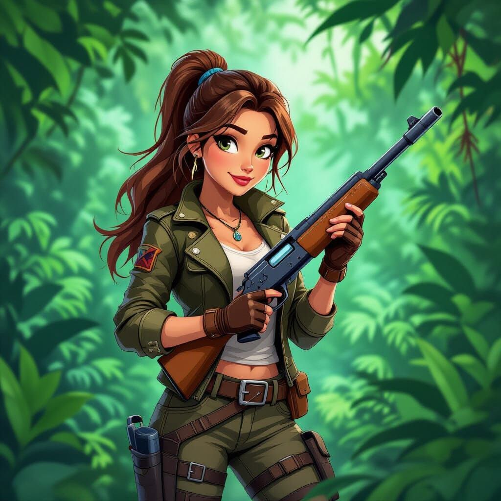 Jungle Huntress with Pen Rifle in Pixar Style