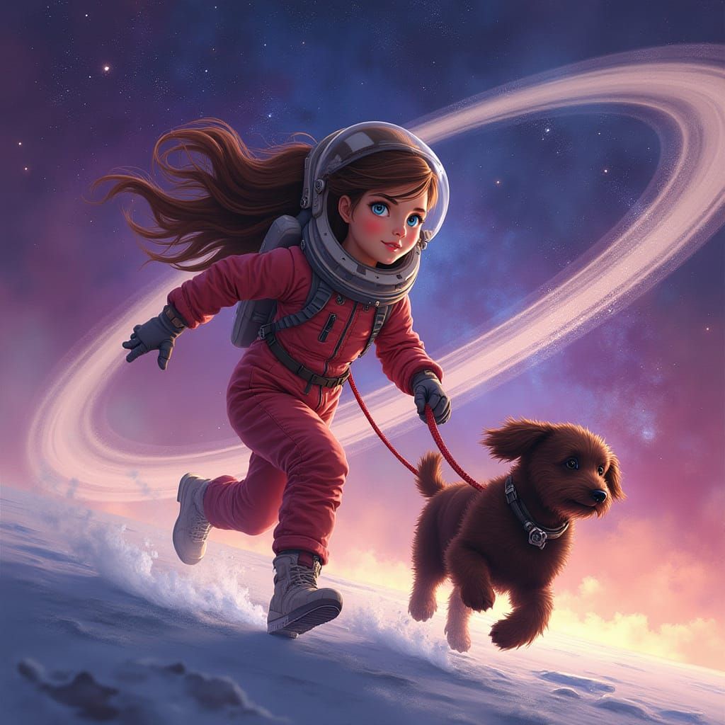 Ethereal Portrait of Girl and Dog on Saturn's Rings in Cosmi...