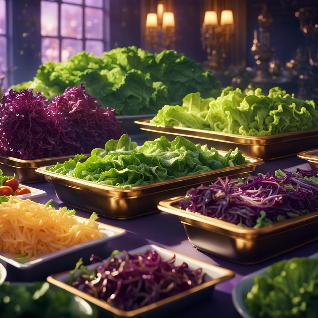 Detailed Matte Painting of Raw Salads on Buffet