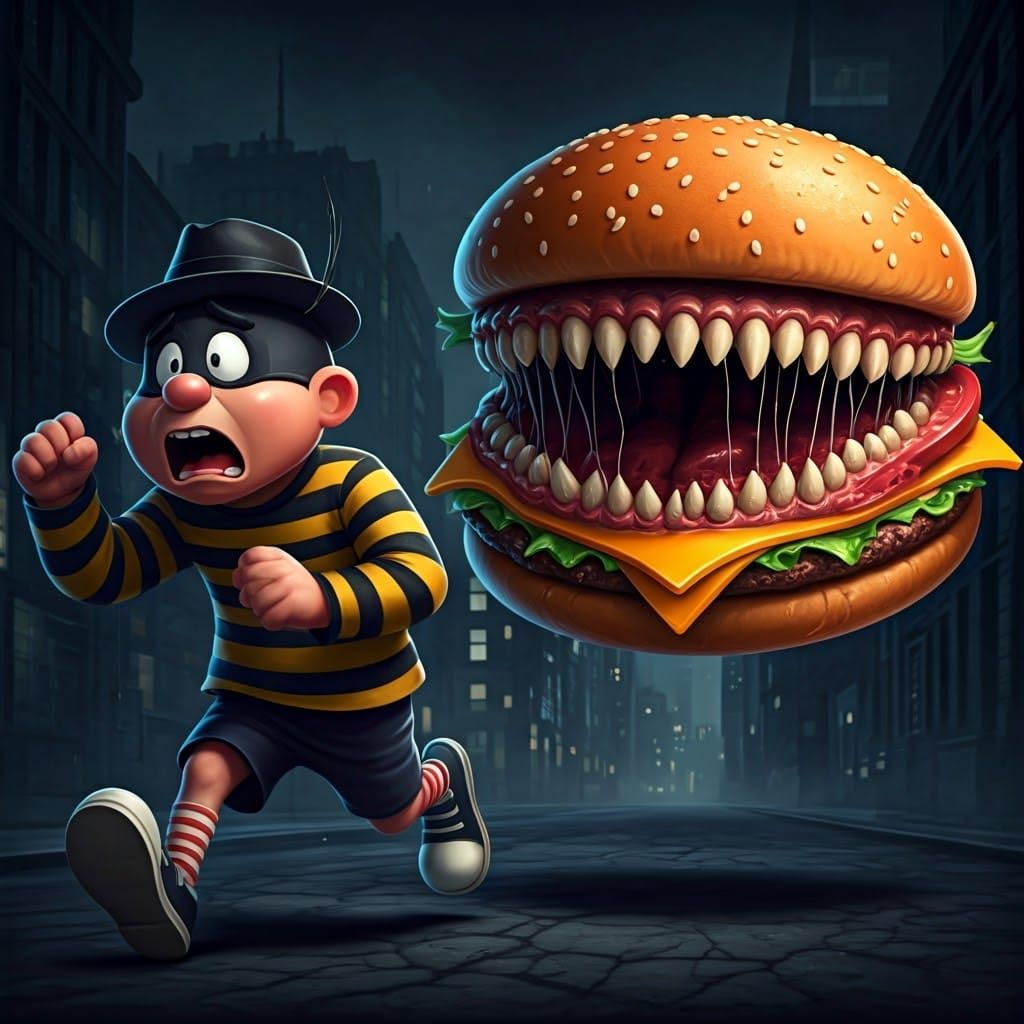 Hamburglar's Nightmare: Mutant Burger in Noir Cityscape