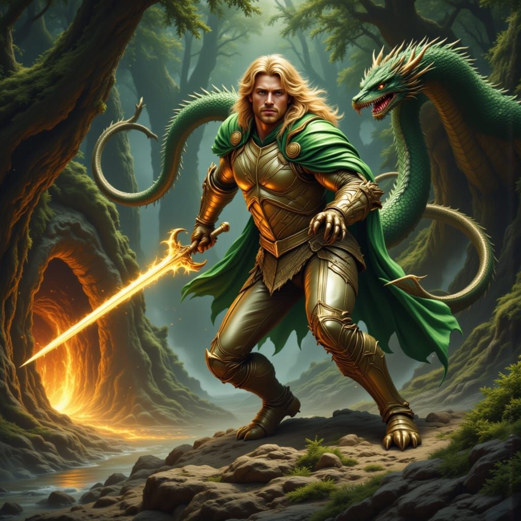 Siegfried and the Dragon in Epic Fantasy Style