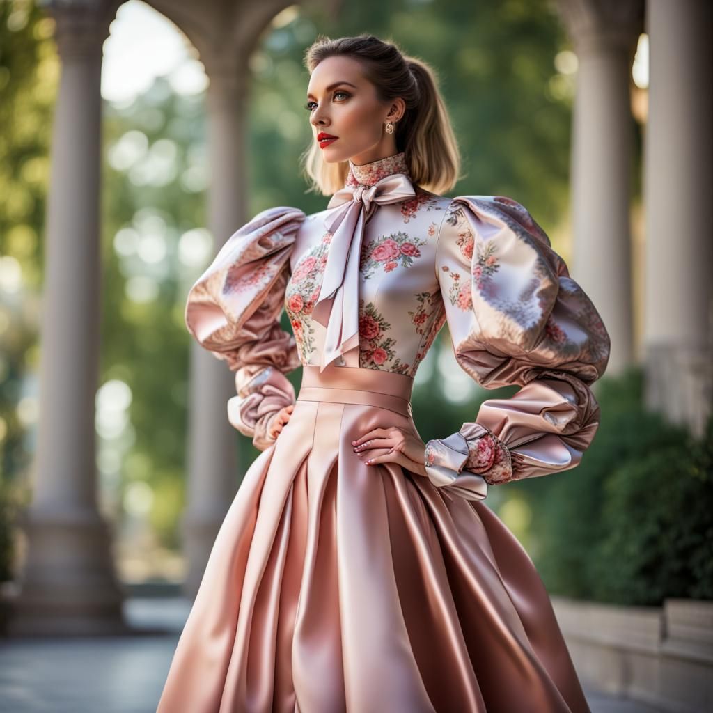Woman in Floral Satin with Exaggerated Sleeves
