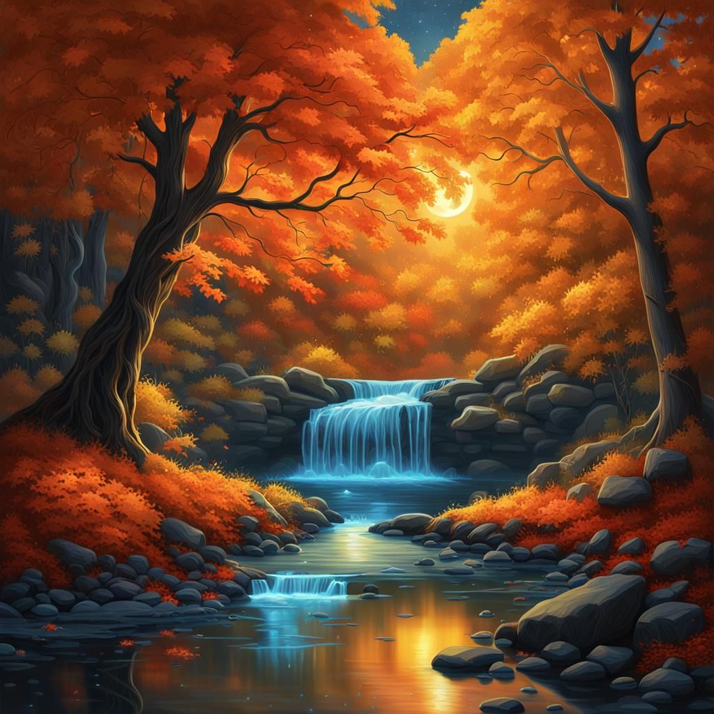 Bioluminescent Autumn Creek: Vivid Digital Dreamscape