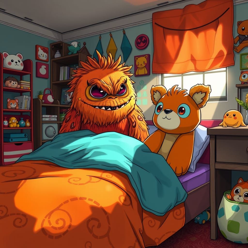 Orange Monster on Bed in Kid's Room: Studio Trigger Style