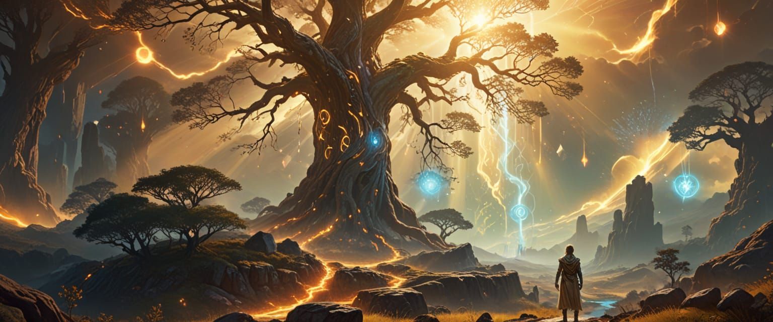 Mystical Figure in Biblical Landscape with Ethereal Tree