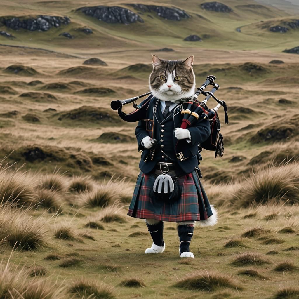 Cat in Kilt Plays Bagpipes on Moors