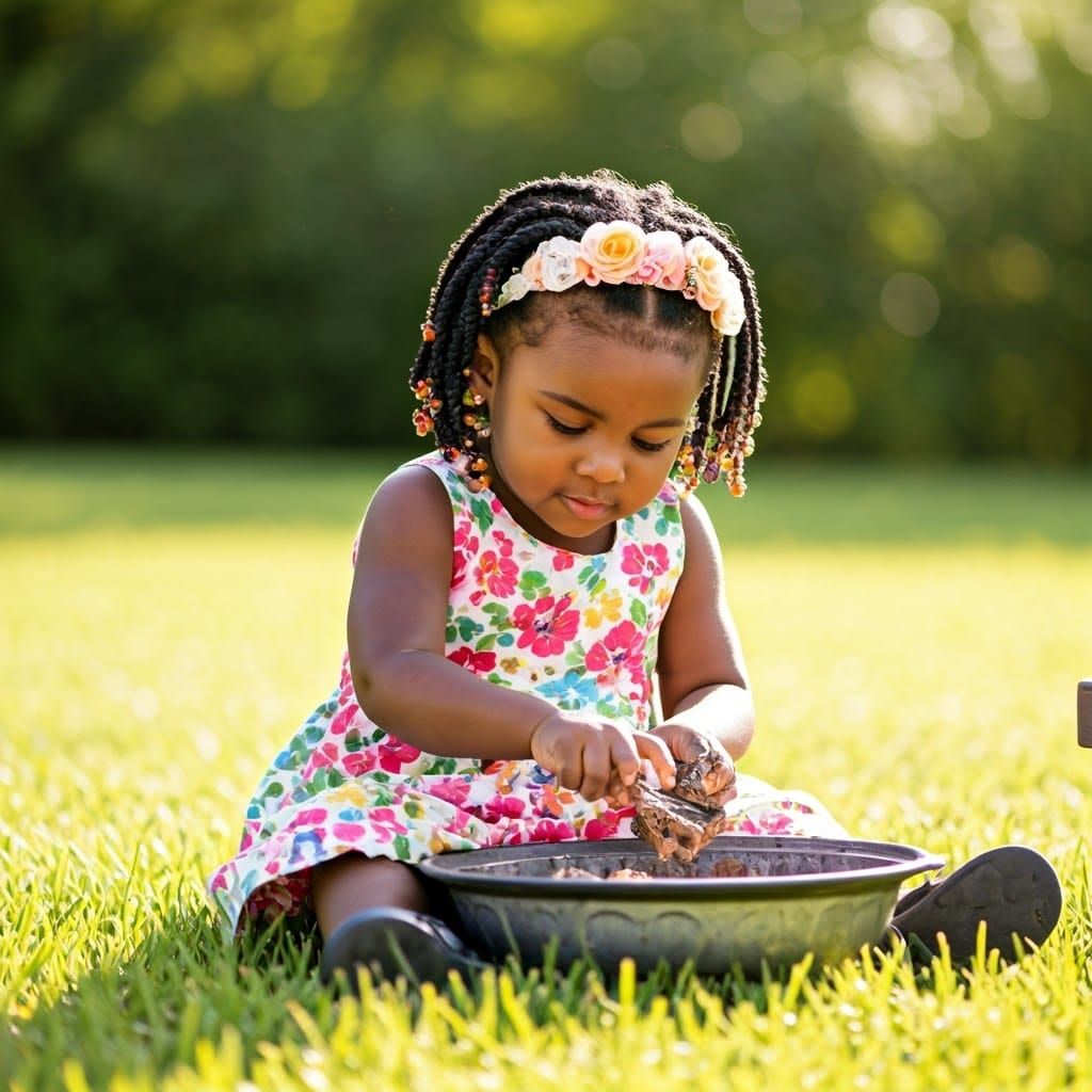 Girl Making Mud Pie in Sunny Backyard
