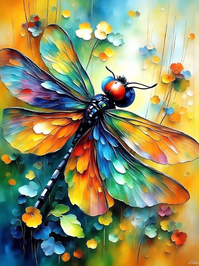 Impressionist Dragonfly in Delphinium Blooms