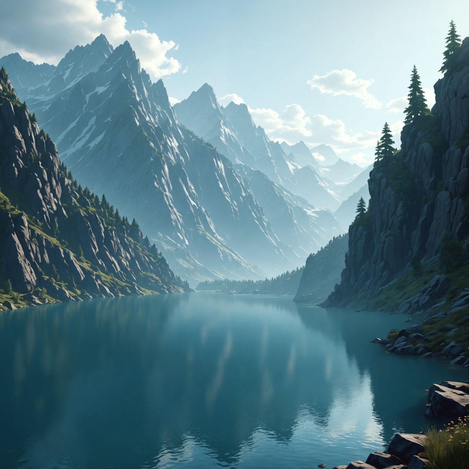 Mountains Reflect on Serene Lake: Digital Matte Painting
