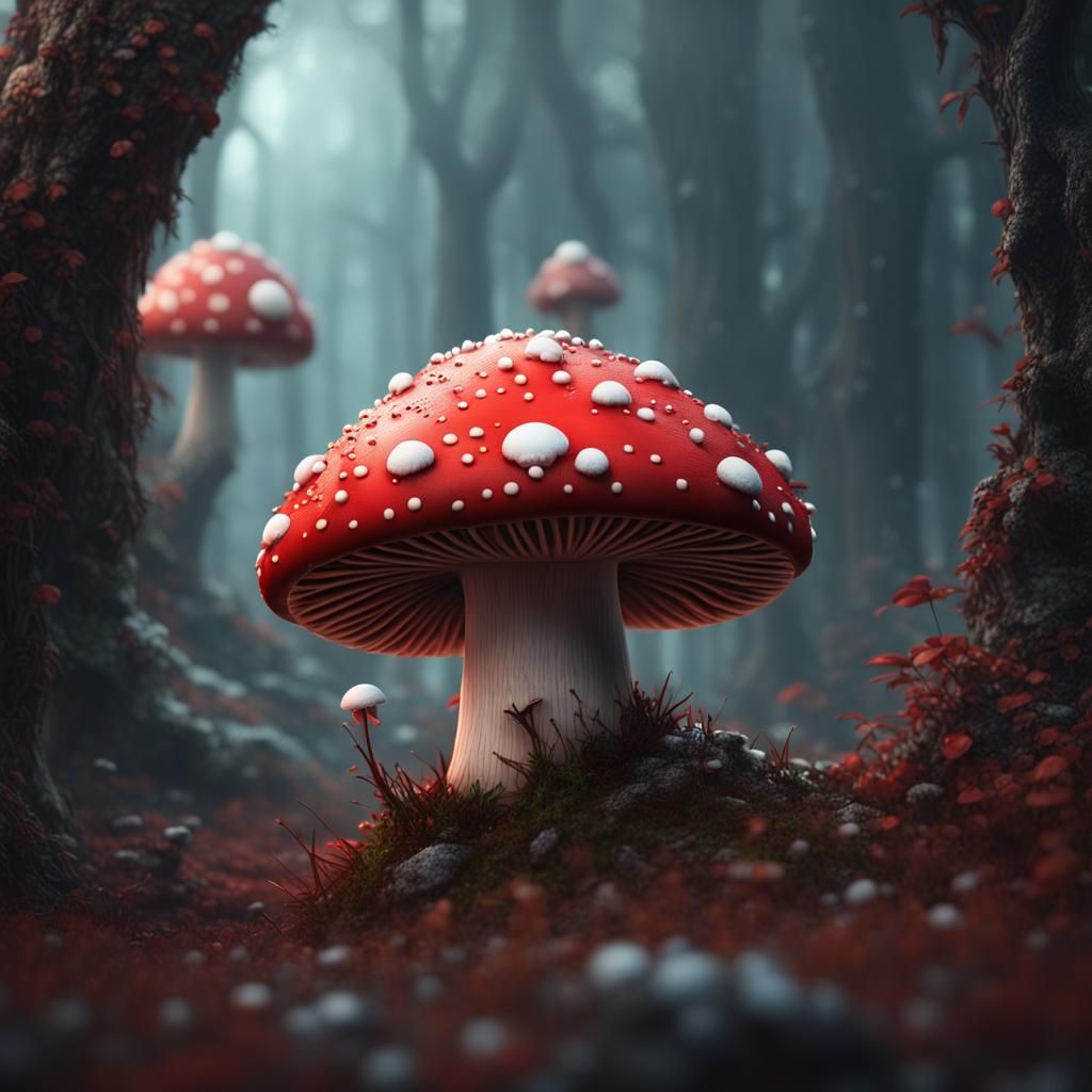 Red Mushroom Home to Tiny Humans in Fantasy Art