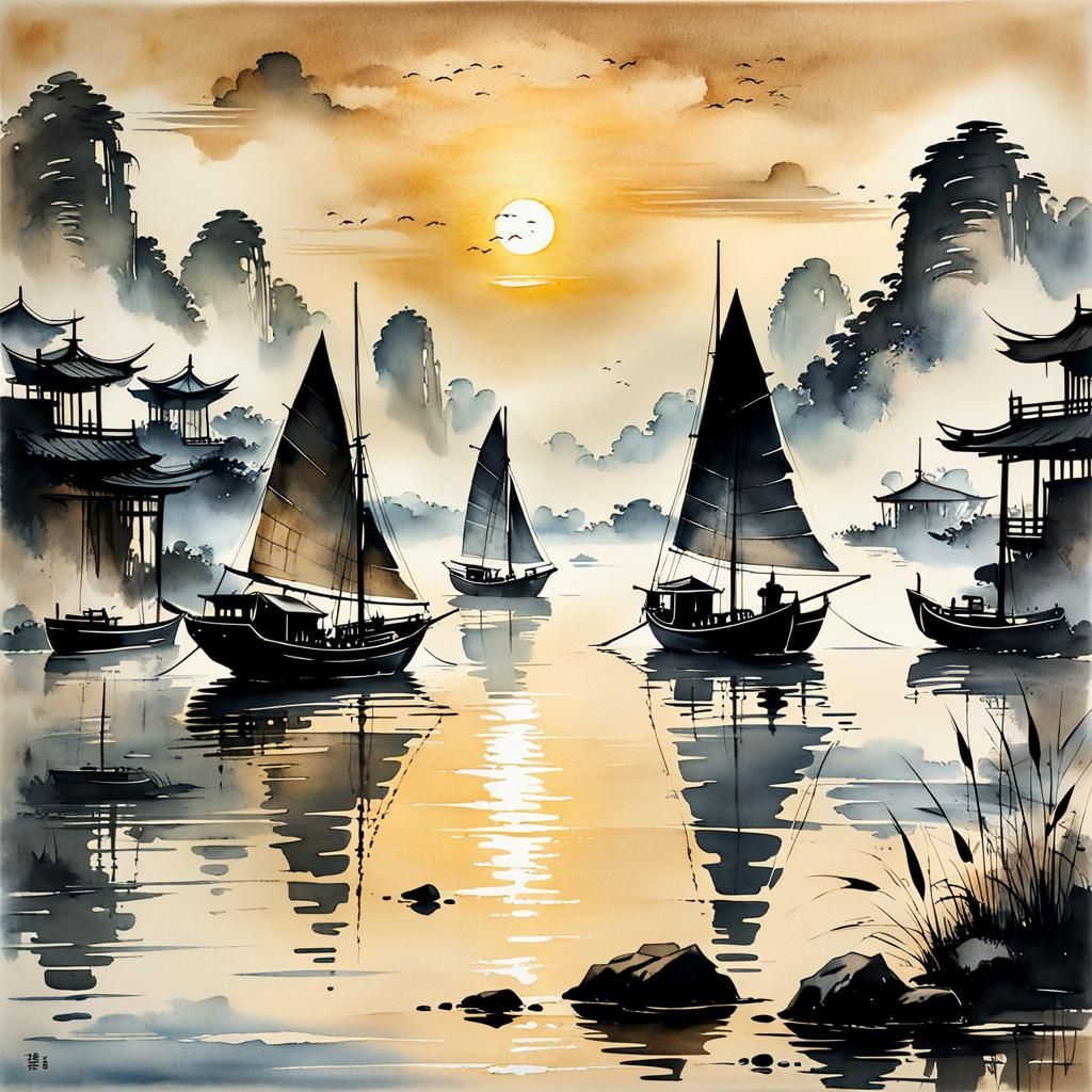 Chinese Junk Sailboats in Muted Ink Painting