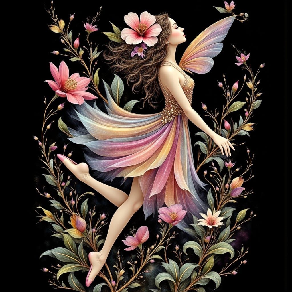 Wildflower Fairy Ballerina in Flowing Alcohol Ink Style