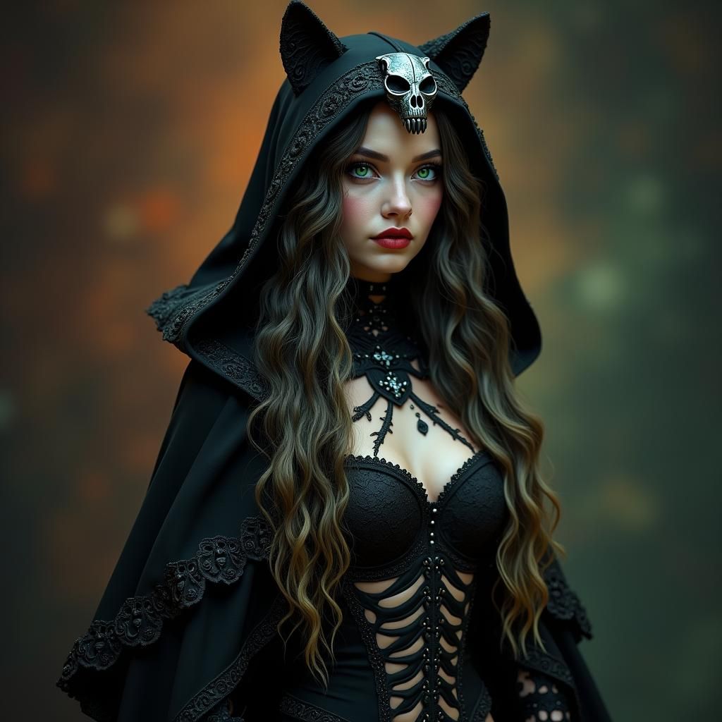 Gothic Woman with Cat Cloak in Fantasy Portrait