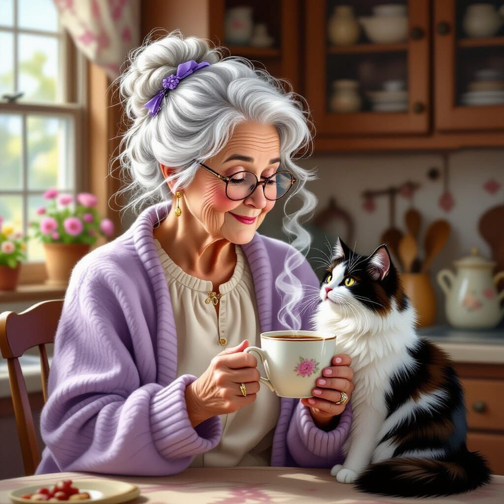 Whimsical Old Lady with Kitty, Oil Painting Style