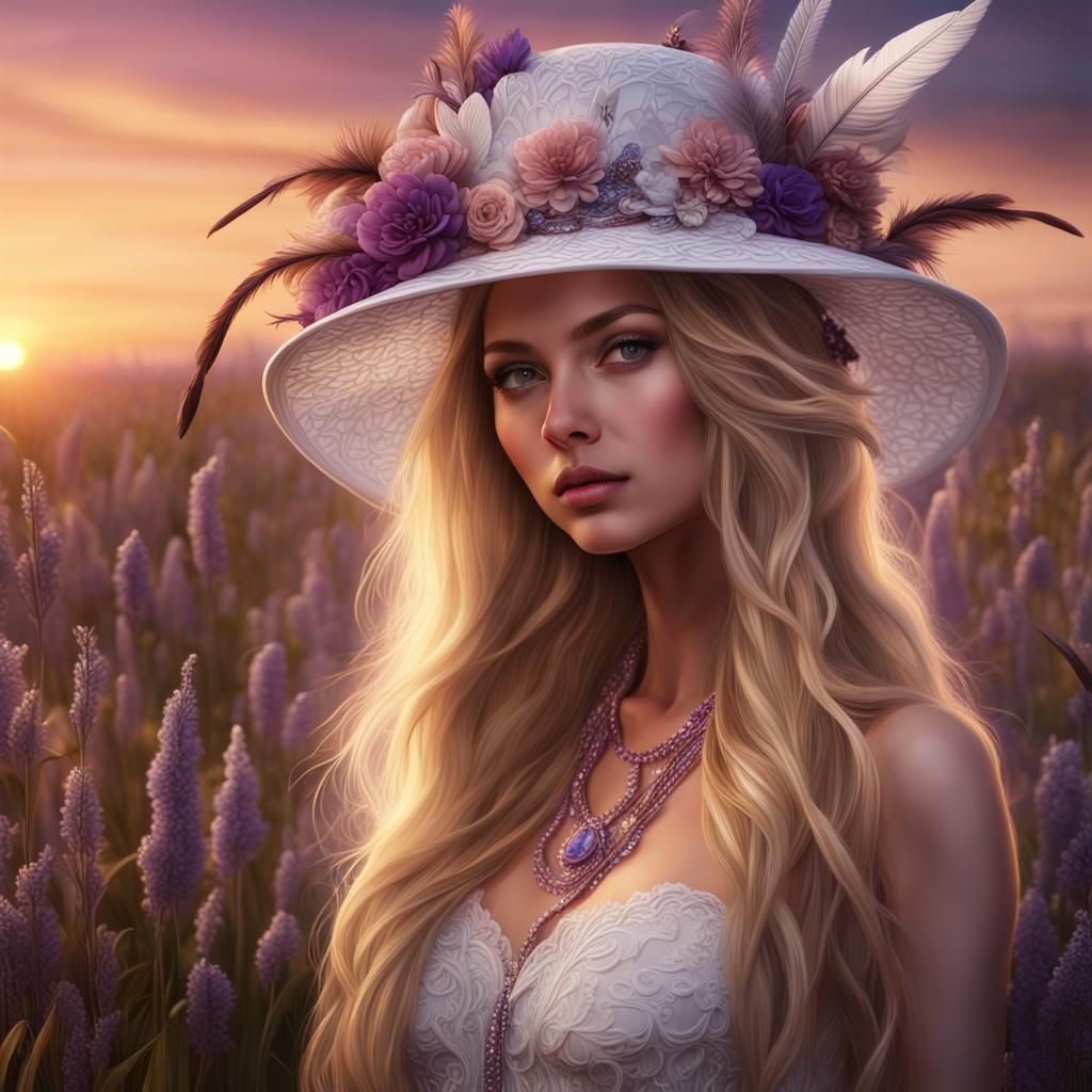 Beautiful Woman in Flower Meadow: Hyper Realistic Painting