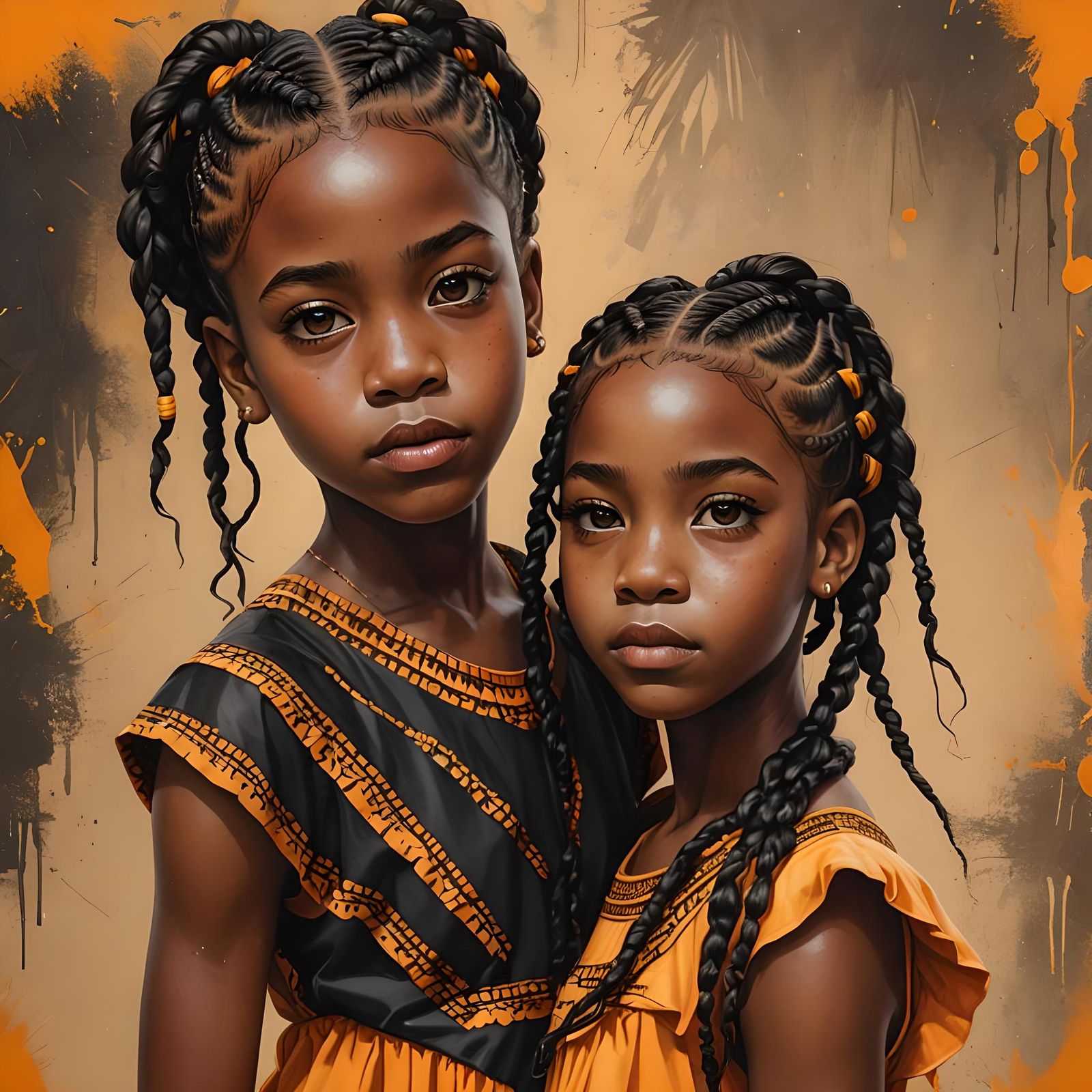 Twin Black Girls Portrait in Splash Art Style