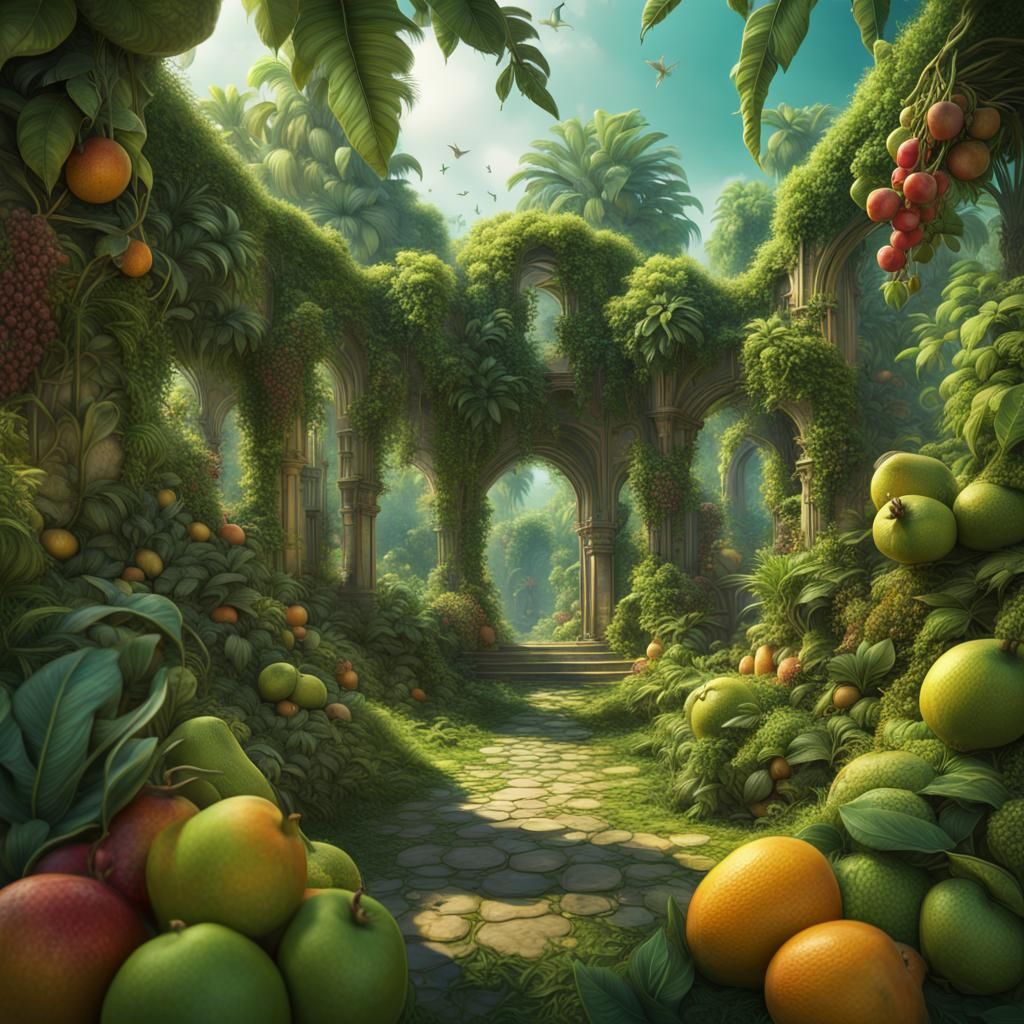 Lush Eden Garden with Exotic Fruits