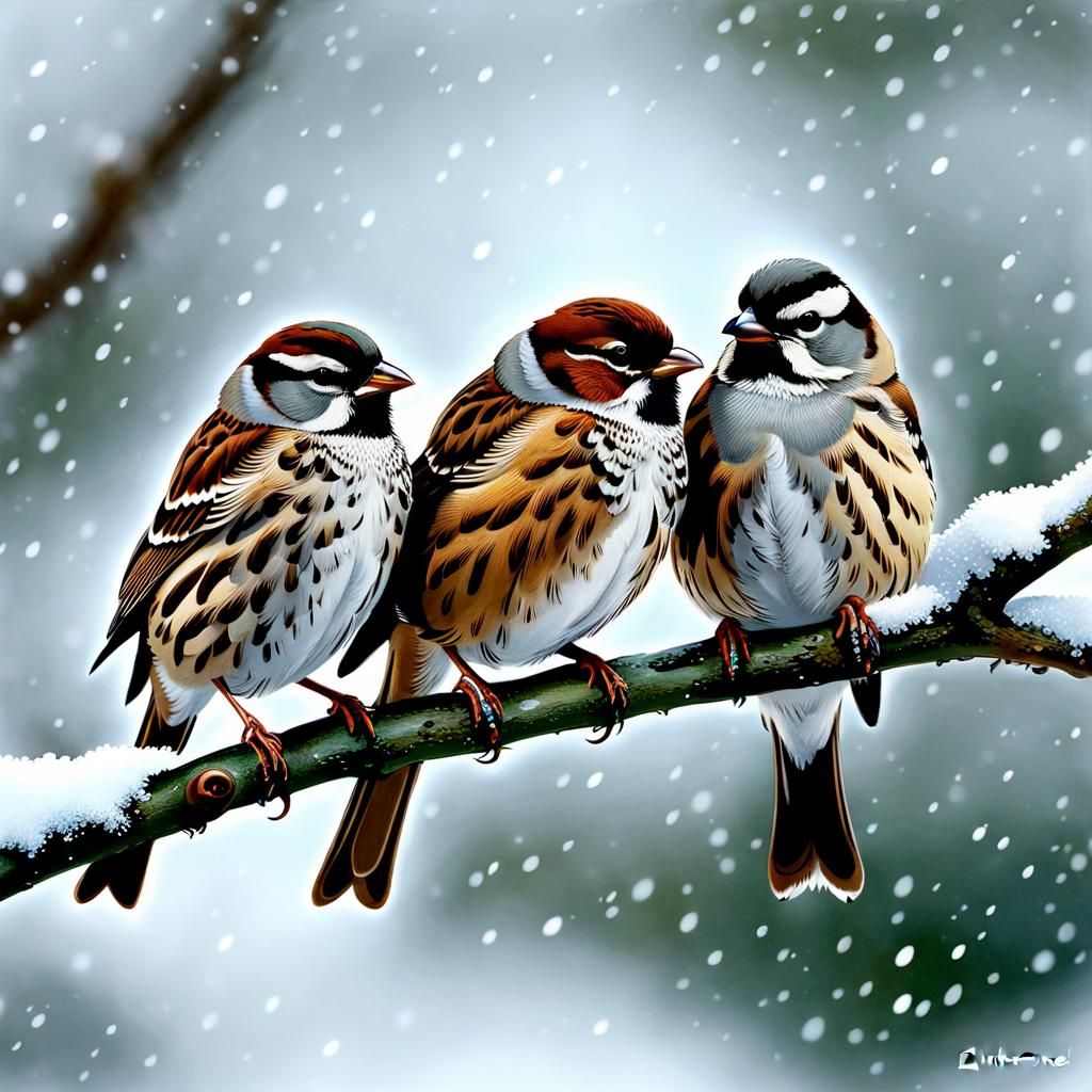 Three Sparrows Cuddling in Winter Snowfall