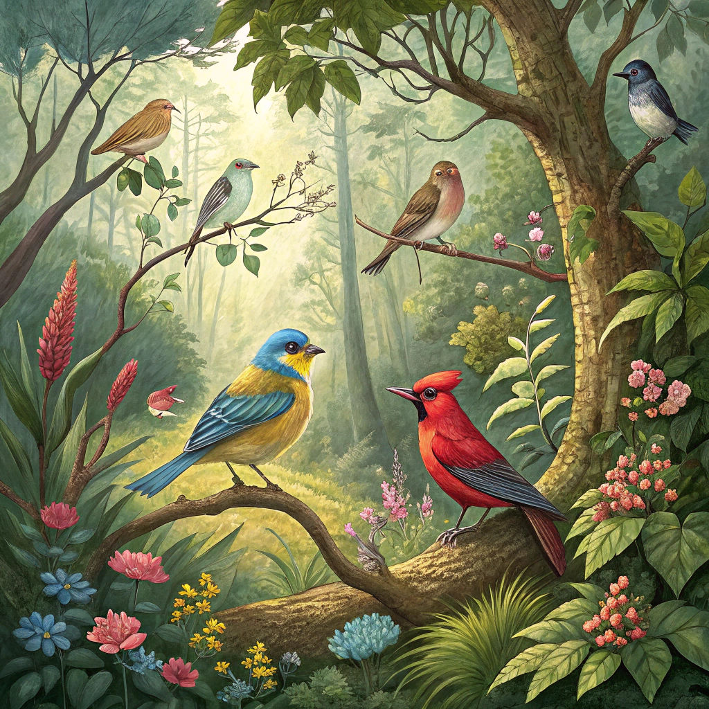 Colorful Birdlife in Lush Forest: Folk Art Illustration