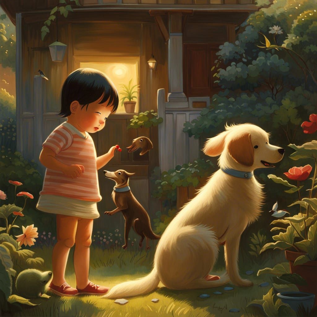 Toddler Siblings Play with Dog in Garden