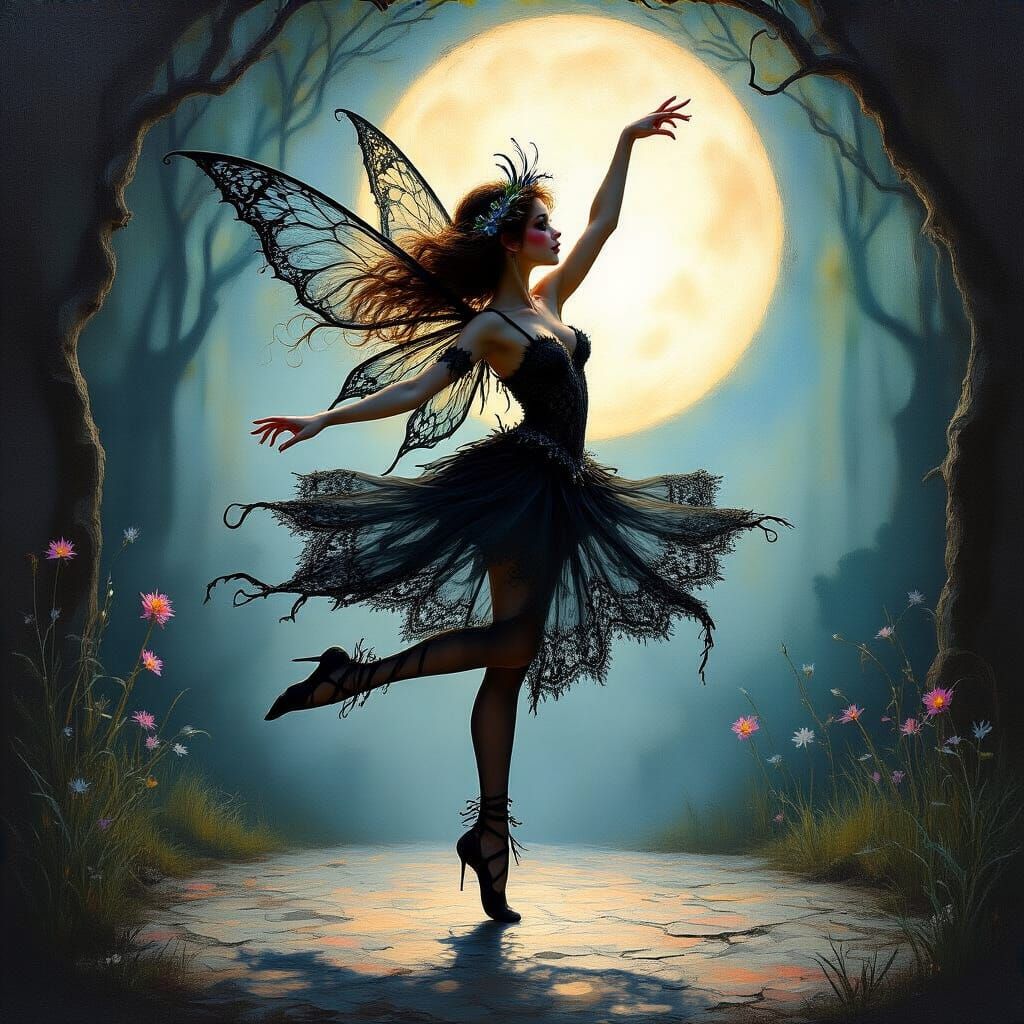Whimsical Fairy Dancer in Black Lace Acrylic Painting