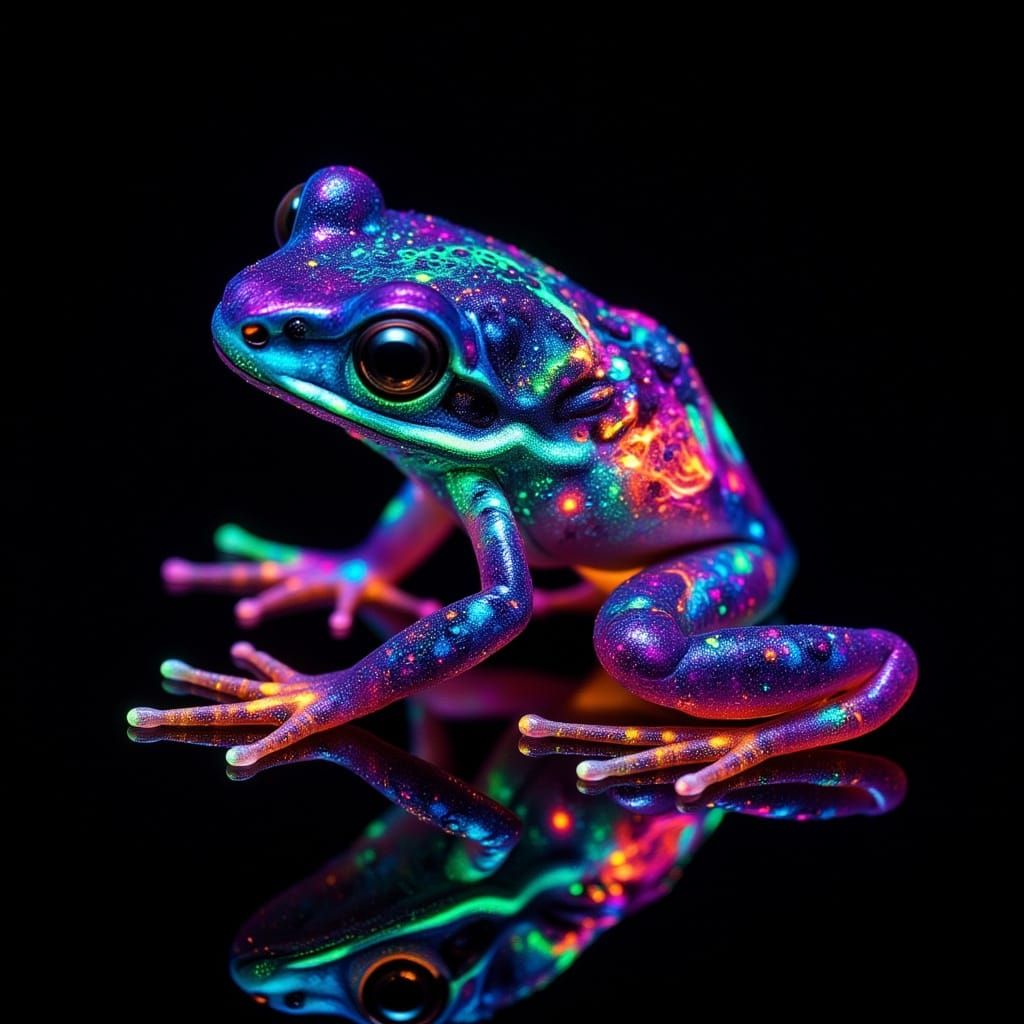 Ethereal Bioluminescent Frog in Neon Glow, Mirrored Black Ba...