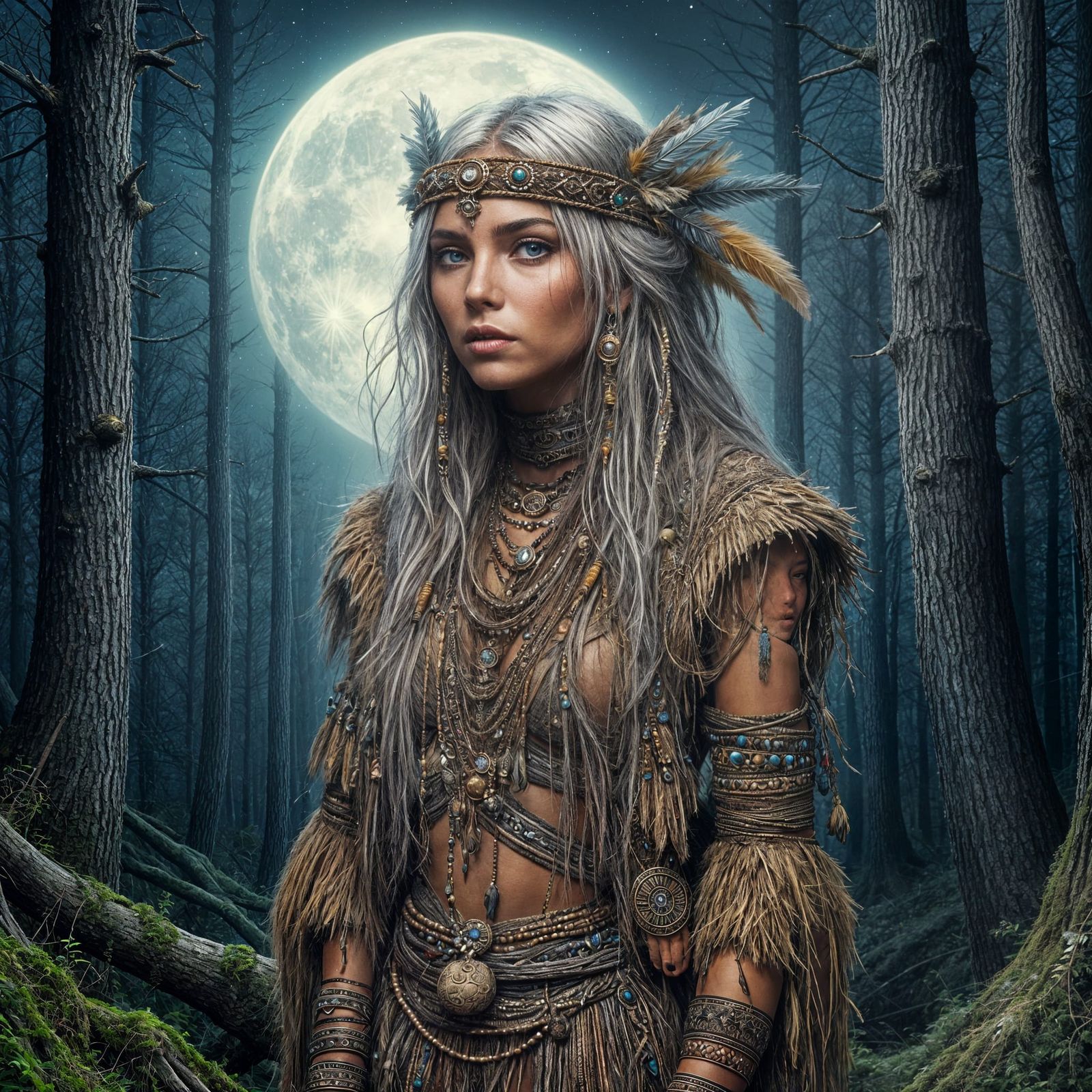 Tribal Medicine Woman in Moonlit Forest Clearing