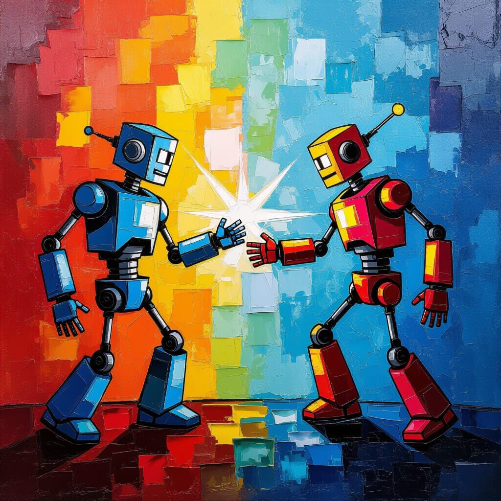 Robots Stop Human War: Neo-Impressionist Oil Painting