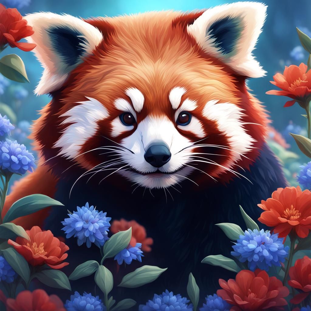 Red Panda Portrait in Blue Flowers, Detailed Art